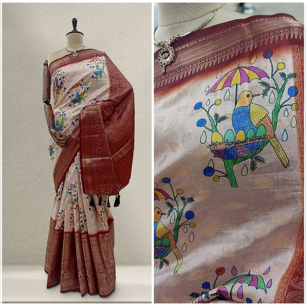 Silk saree with maroon ikkat border and cream body, colorful bird and floral print