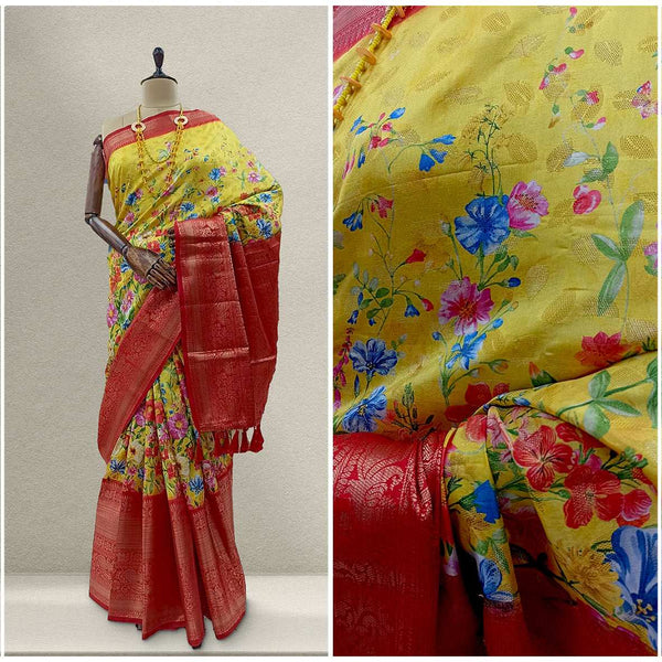 Silk saree with yellow floral print and red border, draped on mannequin