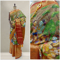 Silk saree with multicolor ikkat print, gold border, red and green pallu