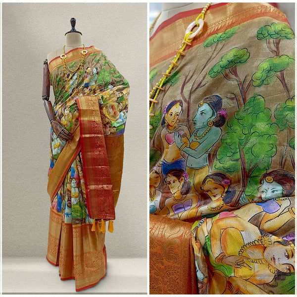 Silk saree with multicolor ikkat print, gold border, red and green pallu