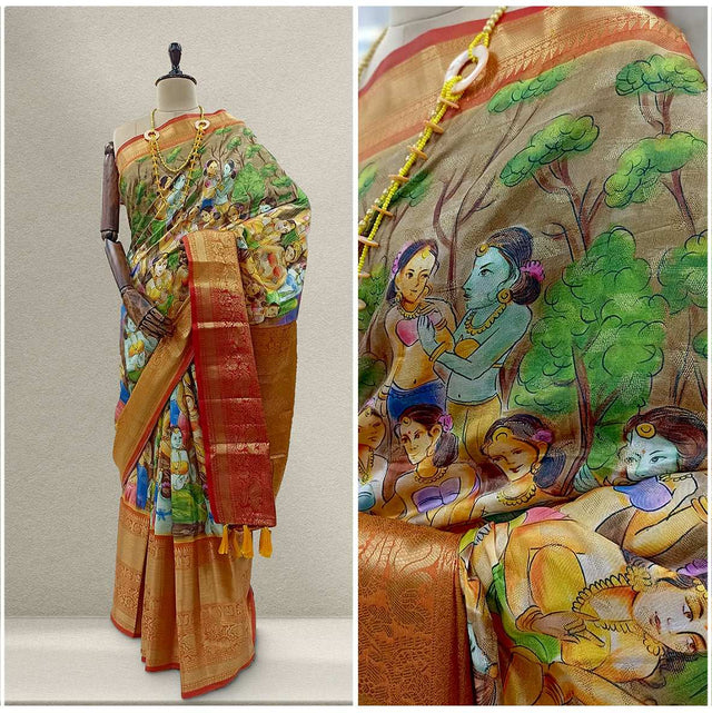 Silk saree with multicolor ikkat print, gold border, red and green pallu