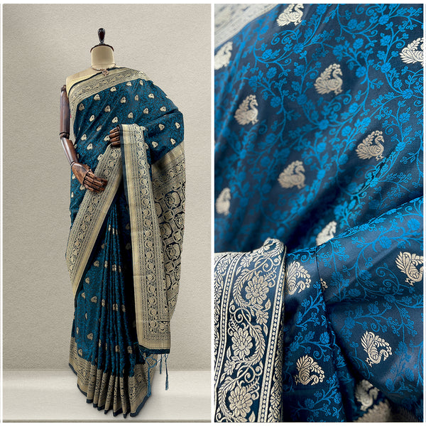 JMS Studio Woven Blue Kanjivaram Style Saree with Golden Zari