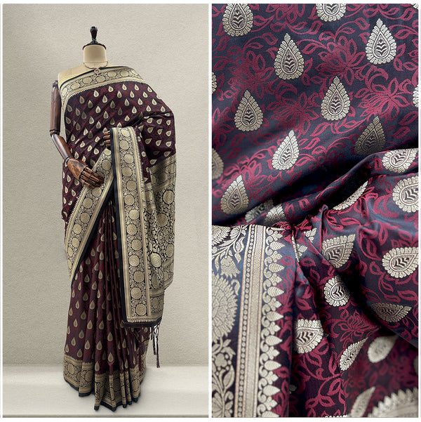 JMS Studio Woven Maroon Kanjivaram Style Saree with Golden Zari