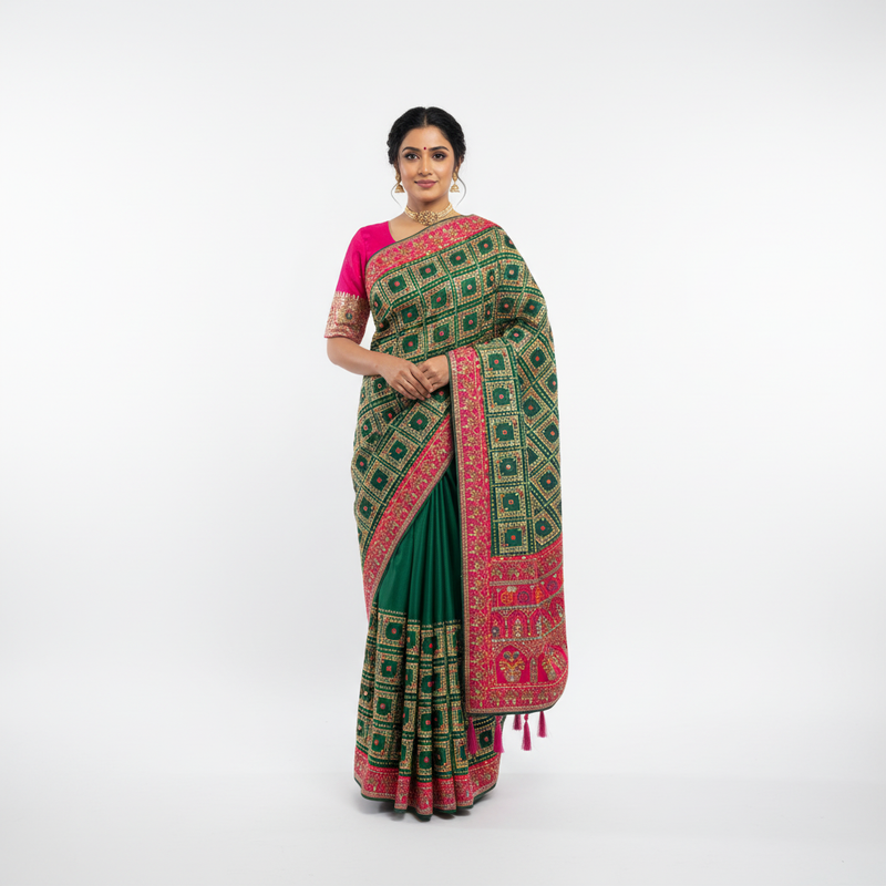 Green saree with pink resham border and geometric embroidered motifs