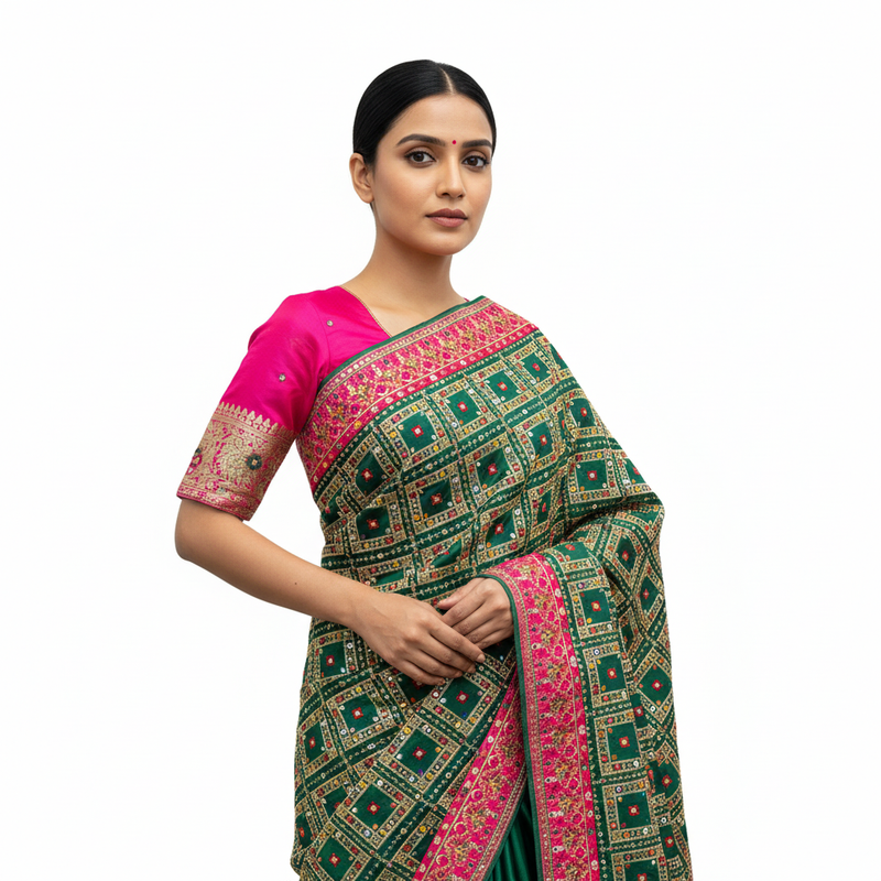 Green and pink saree with wide embellished pallu and square motif pattern