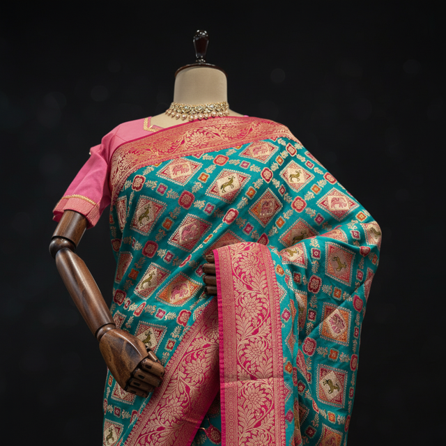 Teal satin saree with pink placement prints and wide pink border on draped pallu