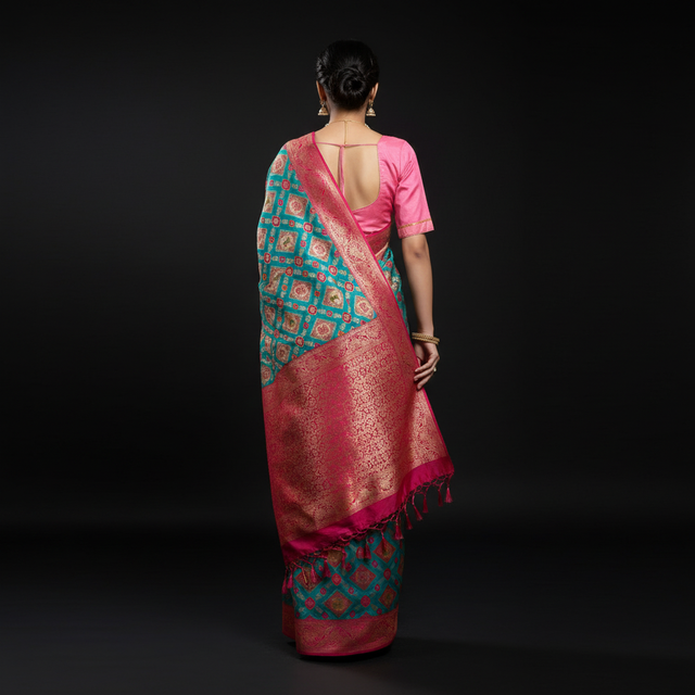 Pink short-sleeve blouse with teal saree drape featuring placement prints and pink border