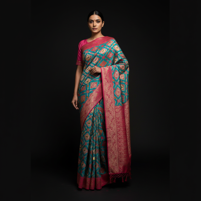 Teal saree with pink placement prints, contrast pallu, and long draped fall