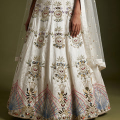 White lehenga skirt with mirror, bead and floral motif embroidery panels