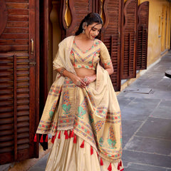Paithani Collection - Kanjivaram Silk Zari Weaving Golden Lehenga Choli - Red