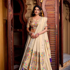 Paithani Collection - Kanjivaram Silk Zari Weaving Golden Lehenga Choli - Purple