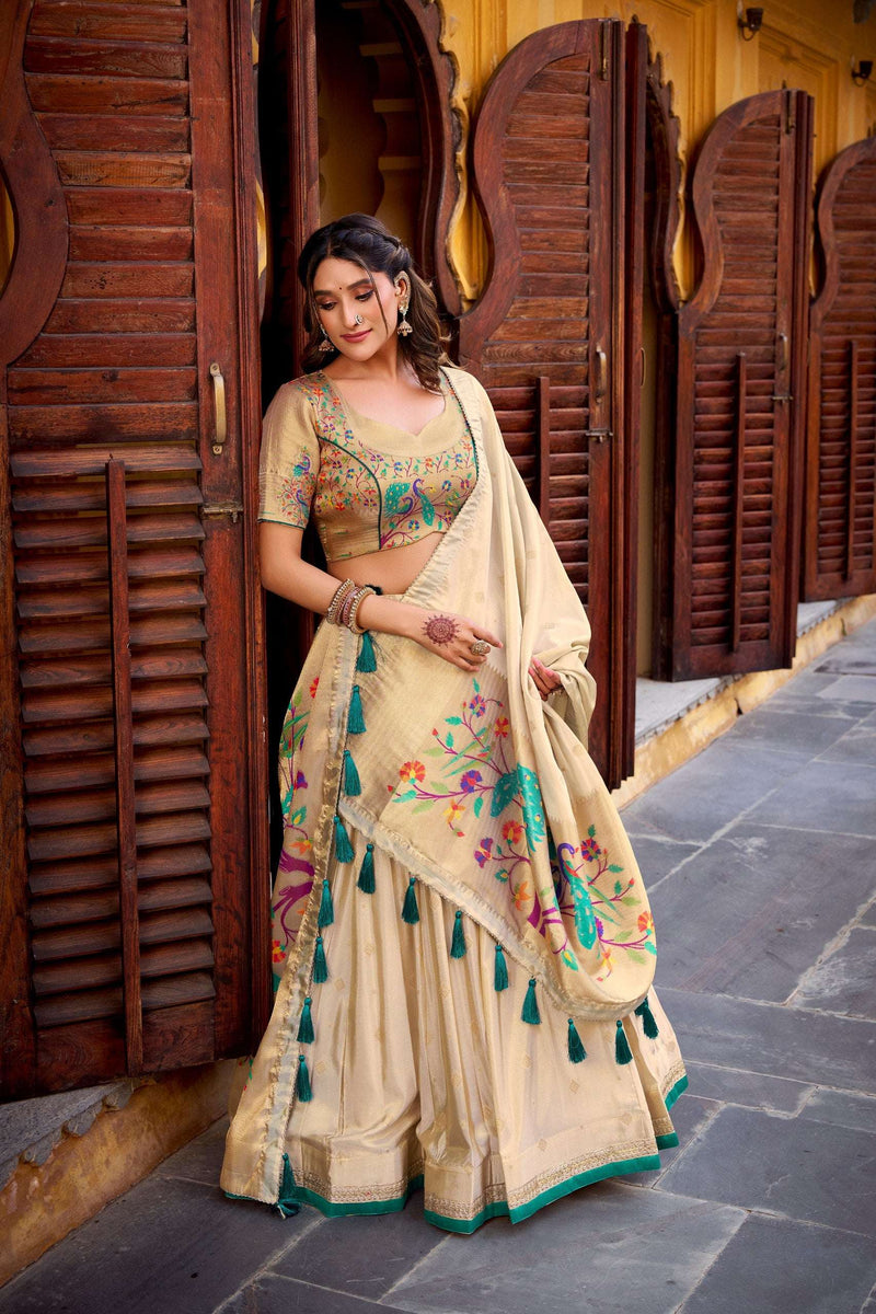 Paithani Collection - Kanjivaram Silk Zari Weaving Golden Lehenga Choli - Green