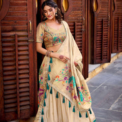 Paithani Collection - Kanjivaram Silk Zari Weaving Golden Lehenga Choli - Green