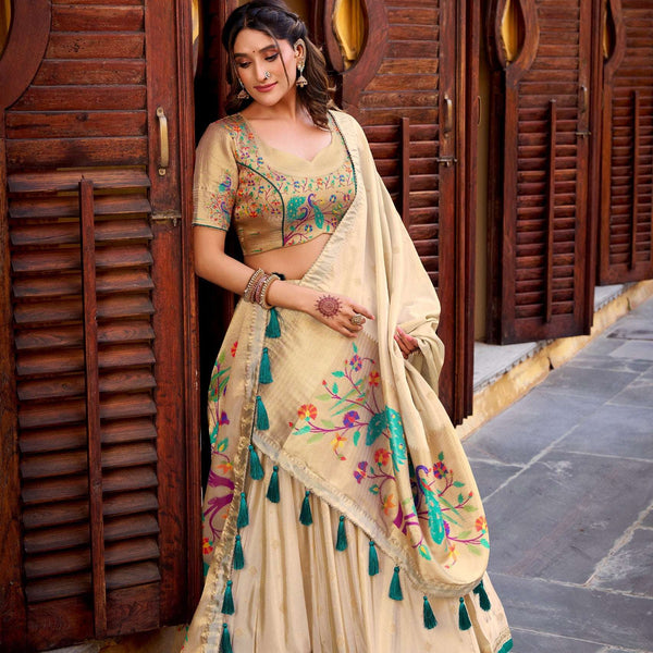 Paithani Collection - Kanjivaram Silk Zari Weaving Golden Lehenga Choli - Green