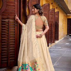 Paithani Collection - Kanjivaram Silk Zari Weaving Golden Lehenga Choli - Green