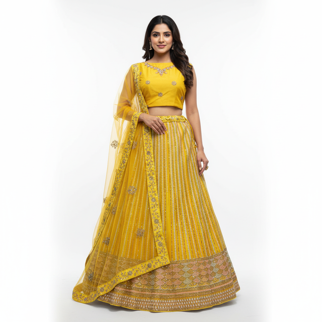 Yellow lehenga with striped embroidery skirt, cropped blouse and sheer dupatta