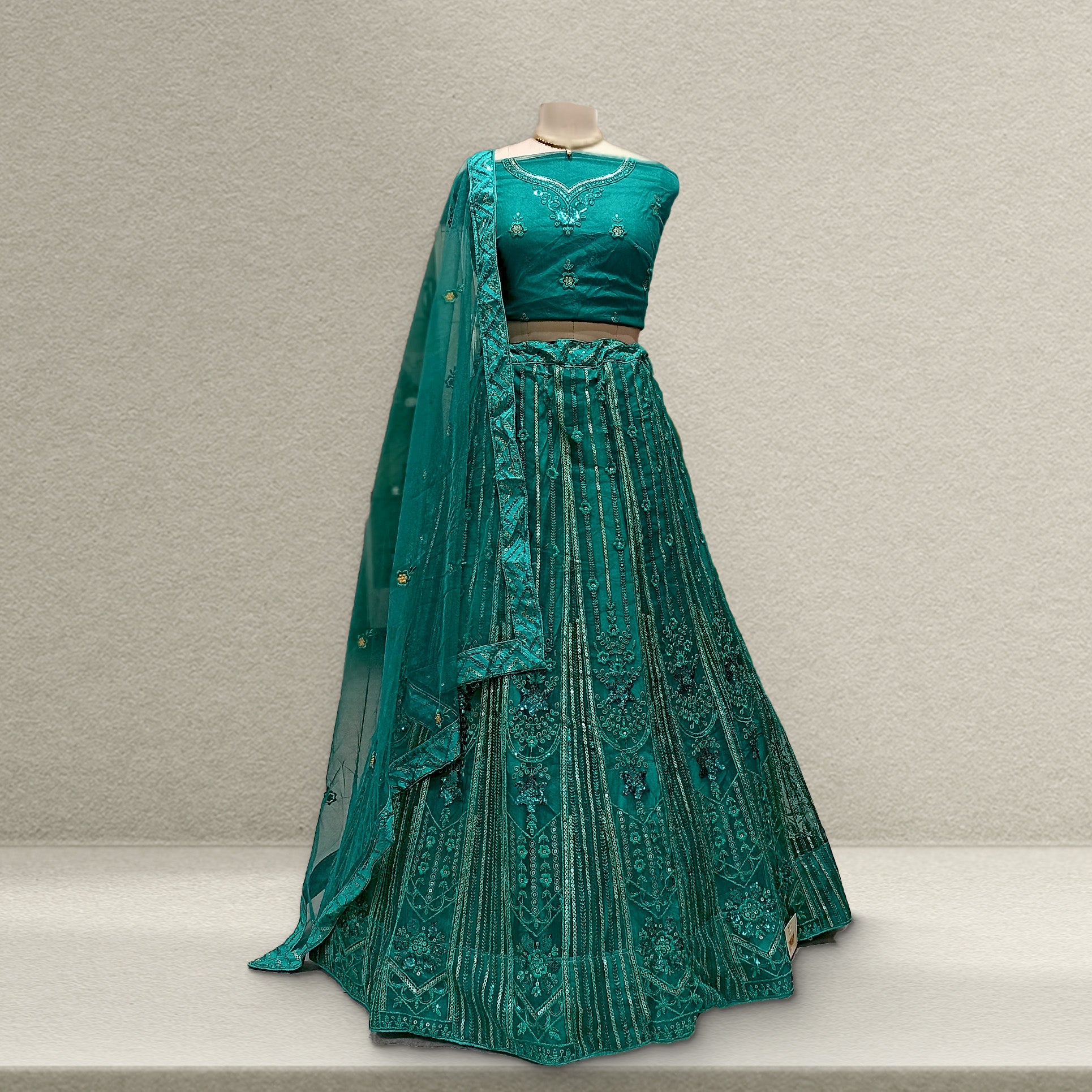 Aisha - Soft Net Sequins Work Monotone Partywear Sider Lehenga - Green JMS Studio {{ Royal Red Bridal Lehenga}}