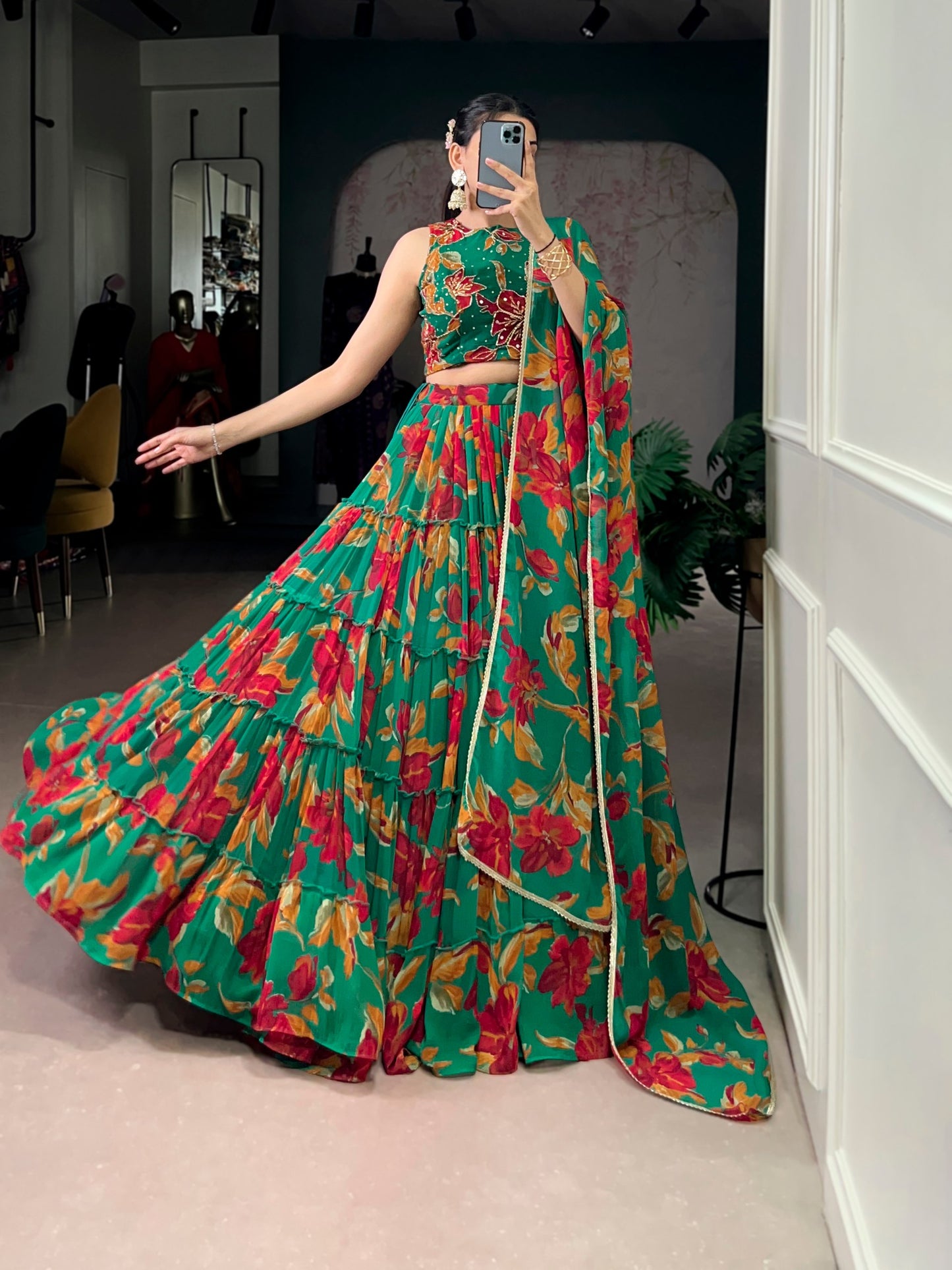 Butterfly - Vibrant Floral Print Flared Chiffon Lehenga Choli - Green