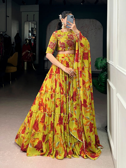 Butterfly - Vibrant Floral Print Flared Chiffon Lehenga Choli - Yellow