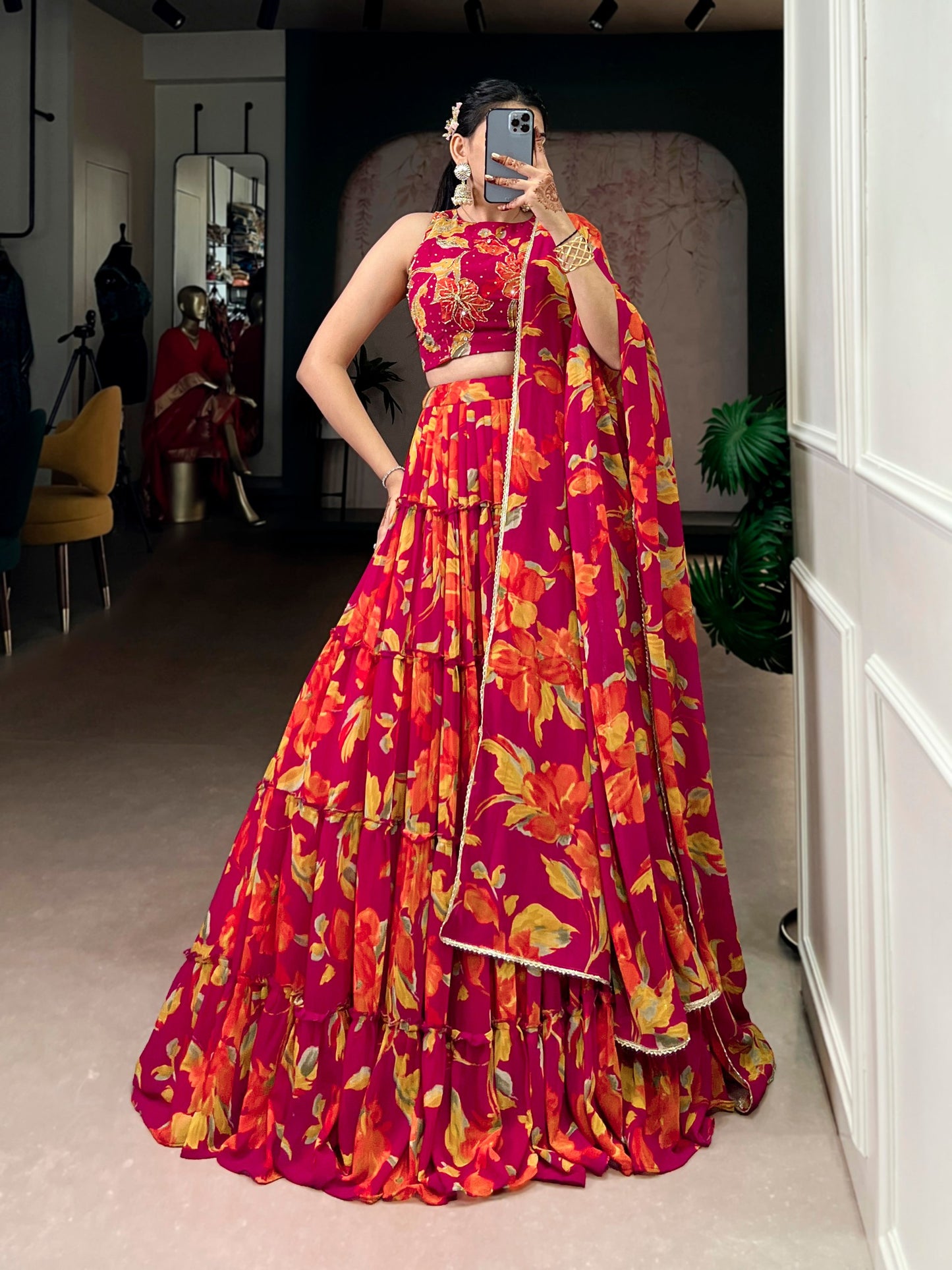 Butterfly - Vibrant Floral Print Flared Chiffon Lehenga Choli - Pink