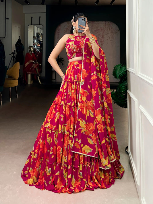Butterfly - Vibrant Floral Print Flared Chiffon Lehenga Choli - Pink