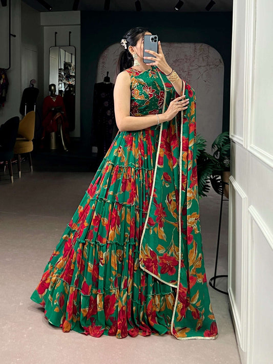 Butterfly - Vibrant Floral Print Flared Chiffon Lehenga Choli - Green
