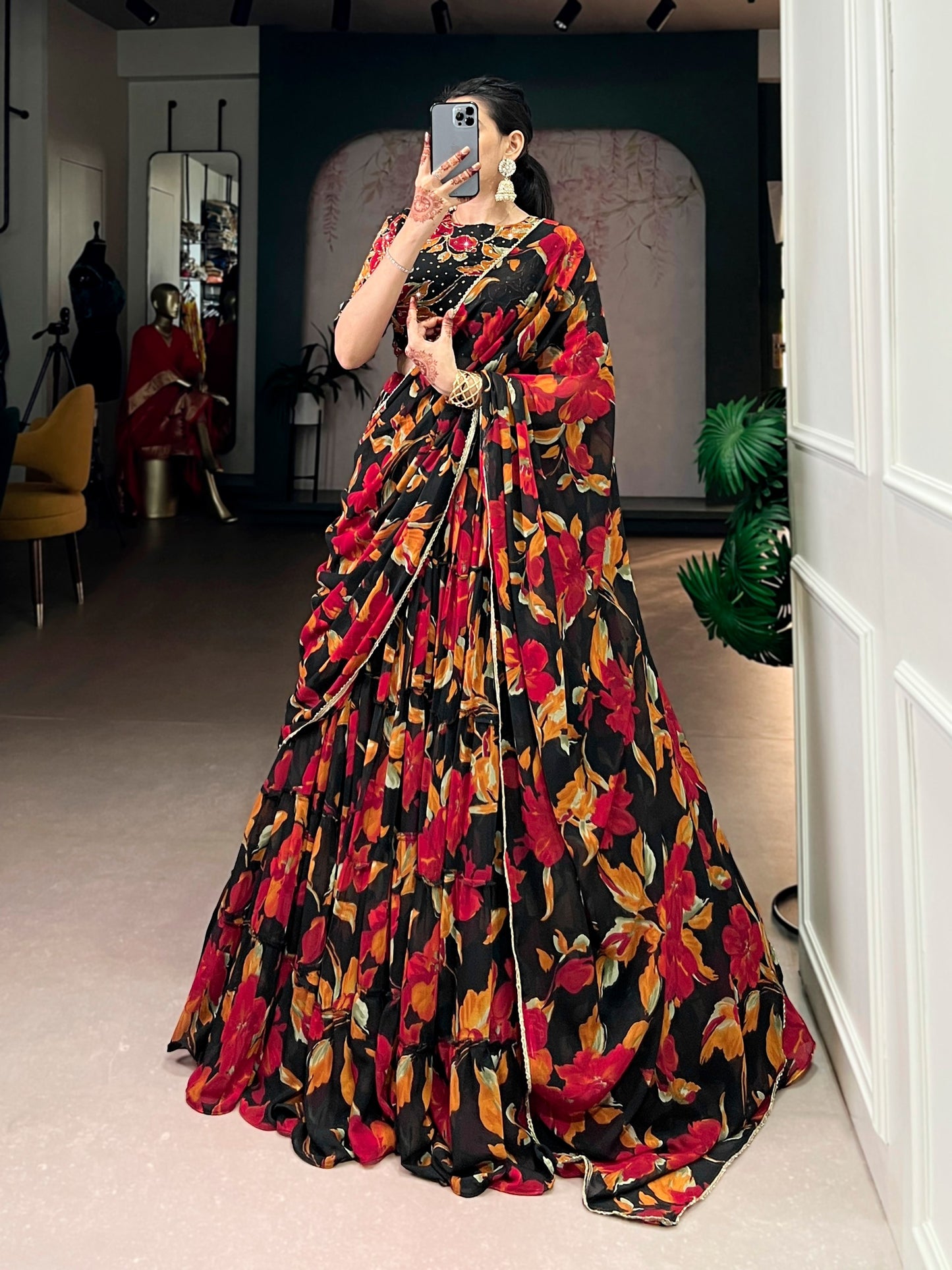 Butterfly - Vibrant Floral Print Flared Chiffon Lehenga Choli - Black