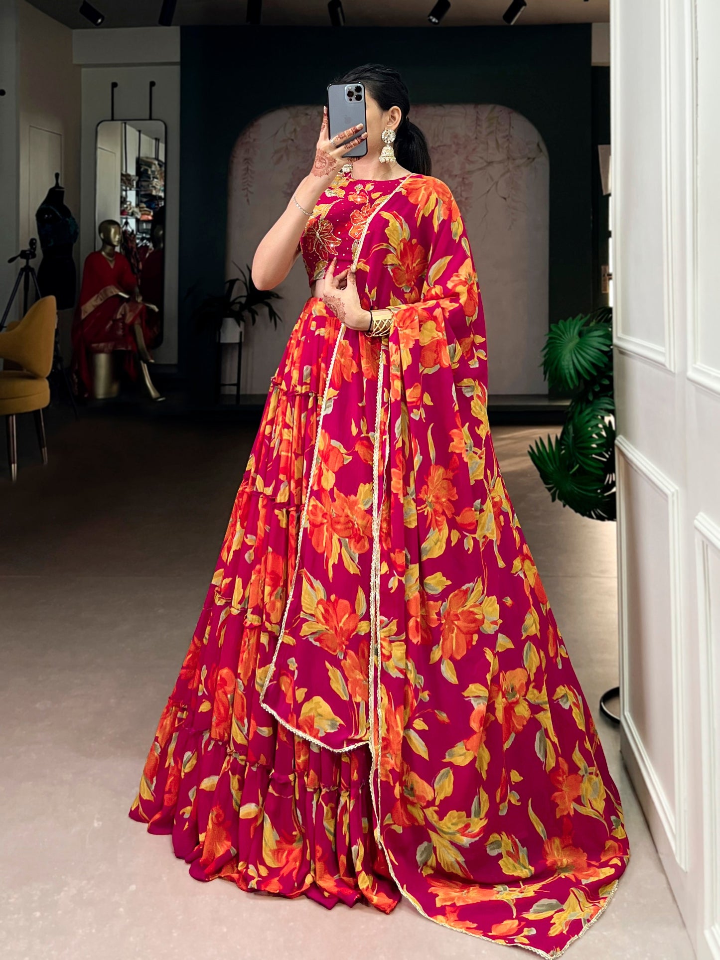 Butterfly - Vibrant Floral Print Flared Chiffon Lehenga Choli - Pink