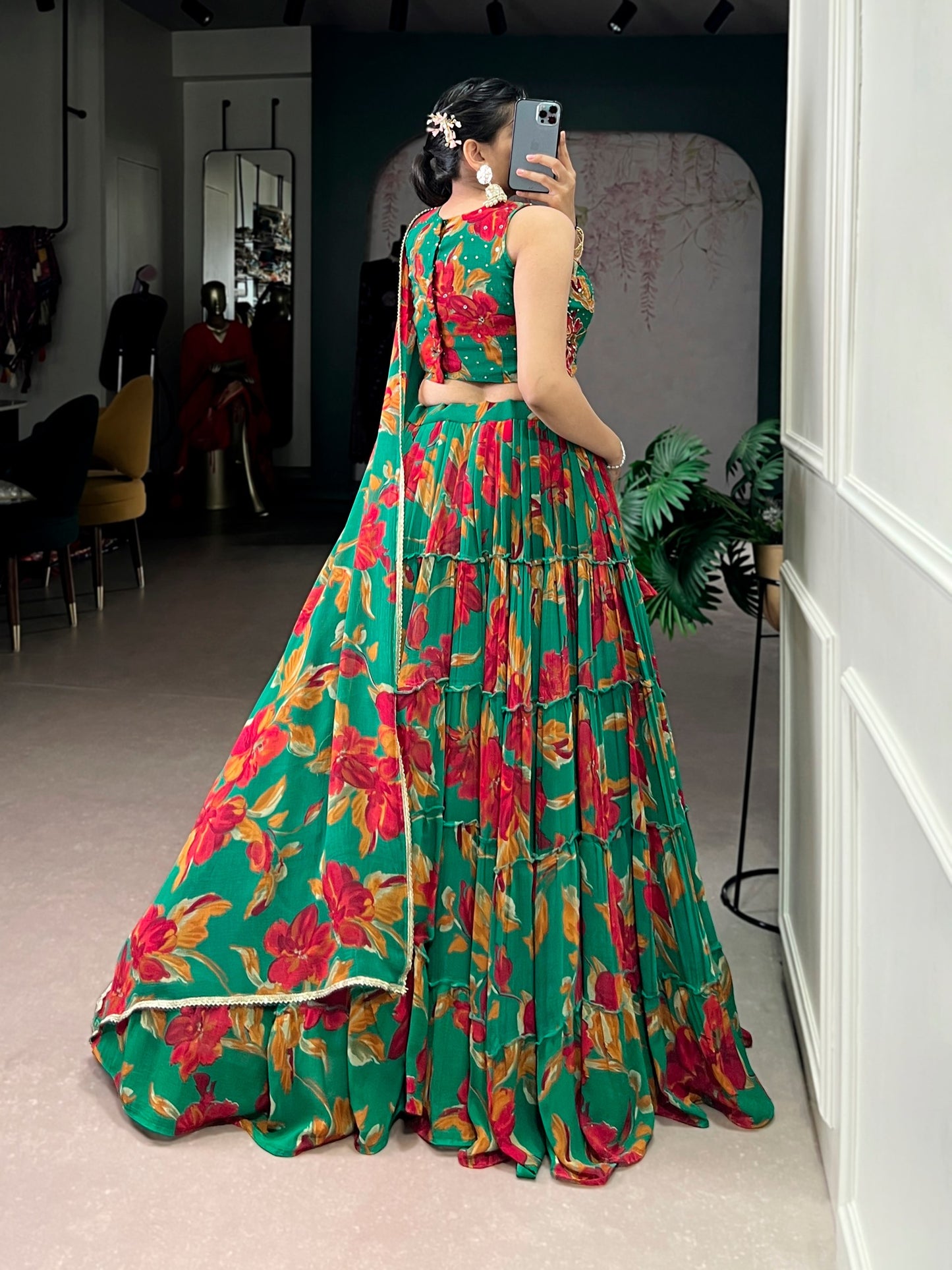 Butterfly - Vibrant Floral Print Flared Chiffon Lehenga Choli - Green