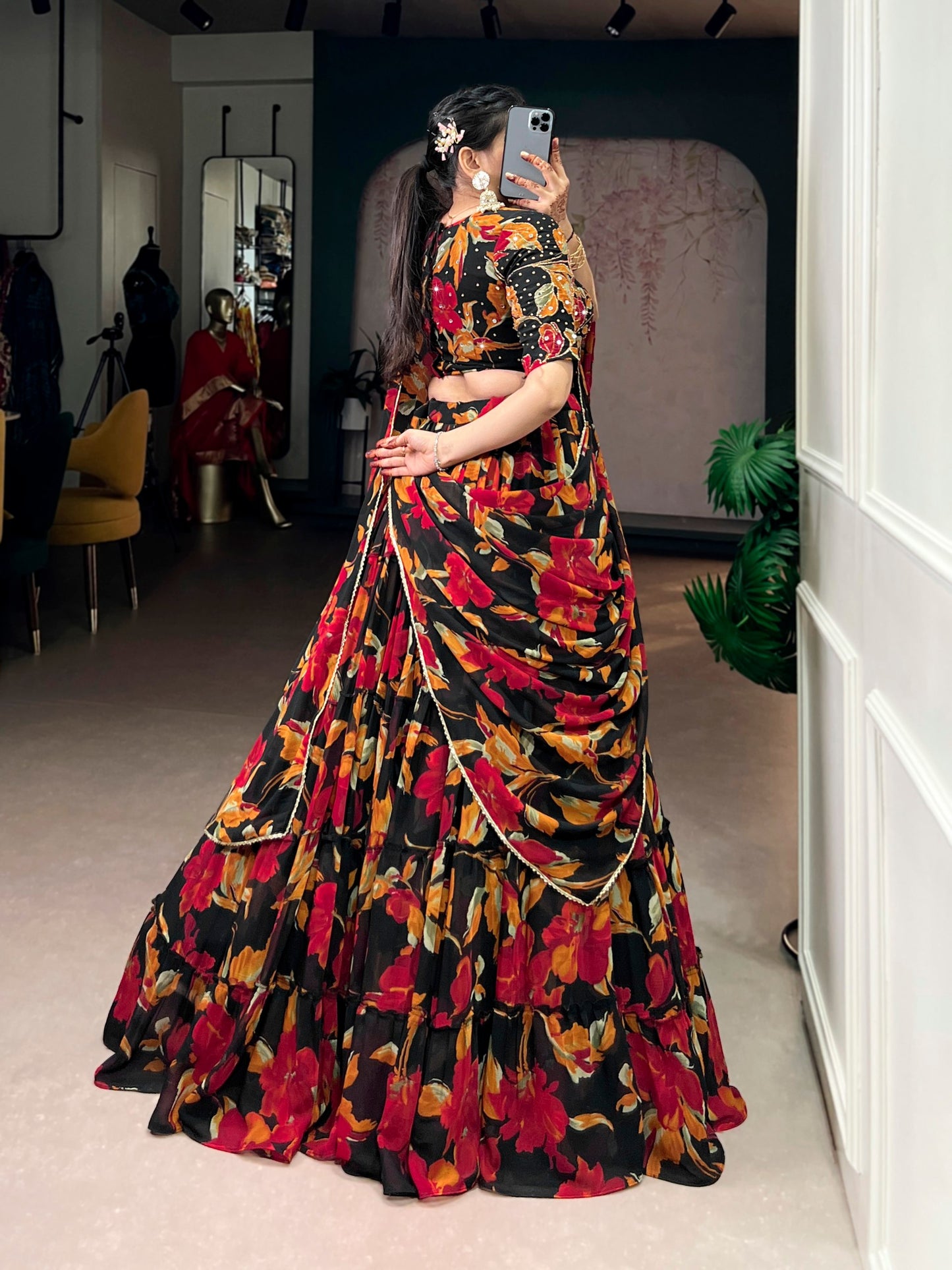 Butterfly - Vibrant Floral Print Flared Chiffon Lehenga Choli - Black