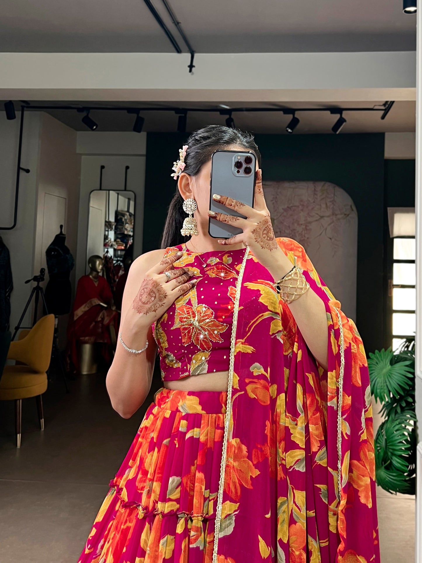 Butterfly - Vibrant Floral Print Flared Chiffon Lehenga Choli - Pink