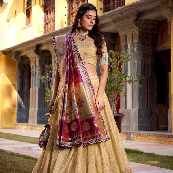 Paithani Collection - Shimmer Organza Lehenga Choli w/h Zari Weaving & Border - Gold