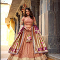 Peach shimmer organza lehenga choli with zari border and ornate magenta detail dupatta