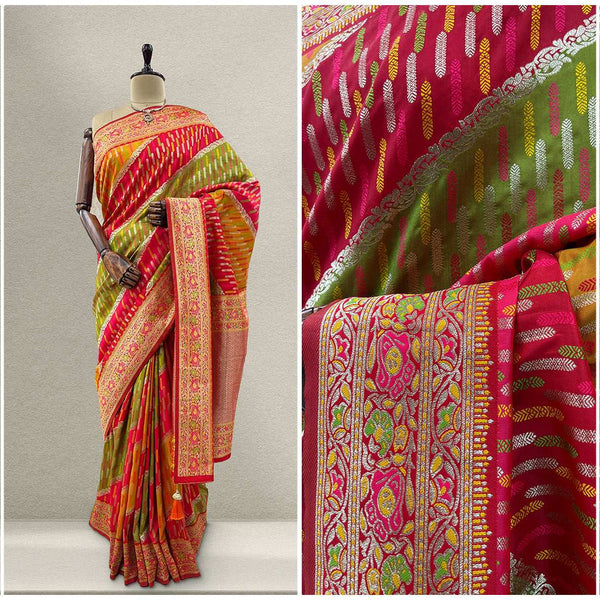 Multi-color silk saree with pink, green, gold motifs and patterned border pallu