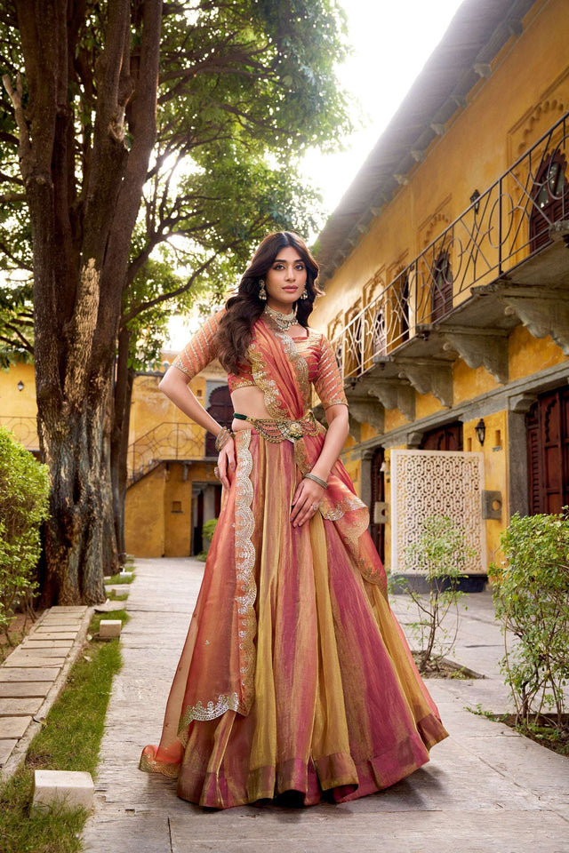 Embroidered lehenga outfit with multicolor skirt and matching sheer dupatta, full length