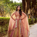 Embroidered lehenga with flowy multi-color skirt and sheer dupatta drape
