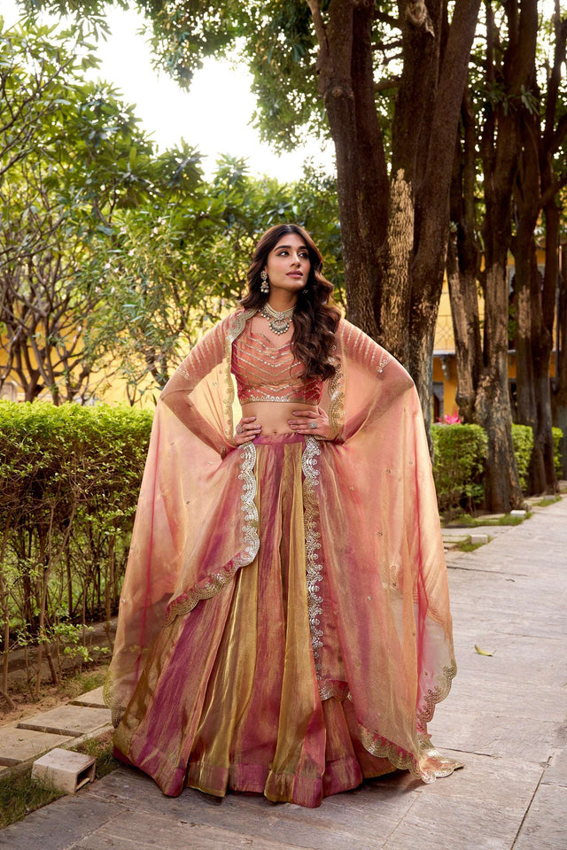 Embroidered lehenga with flowy multi-color skirt and sheer dupatta drape
