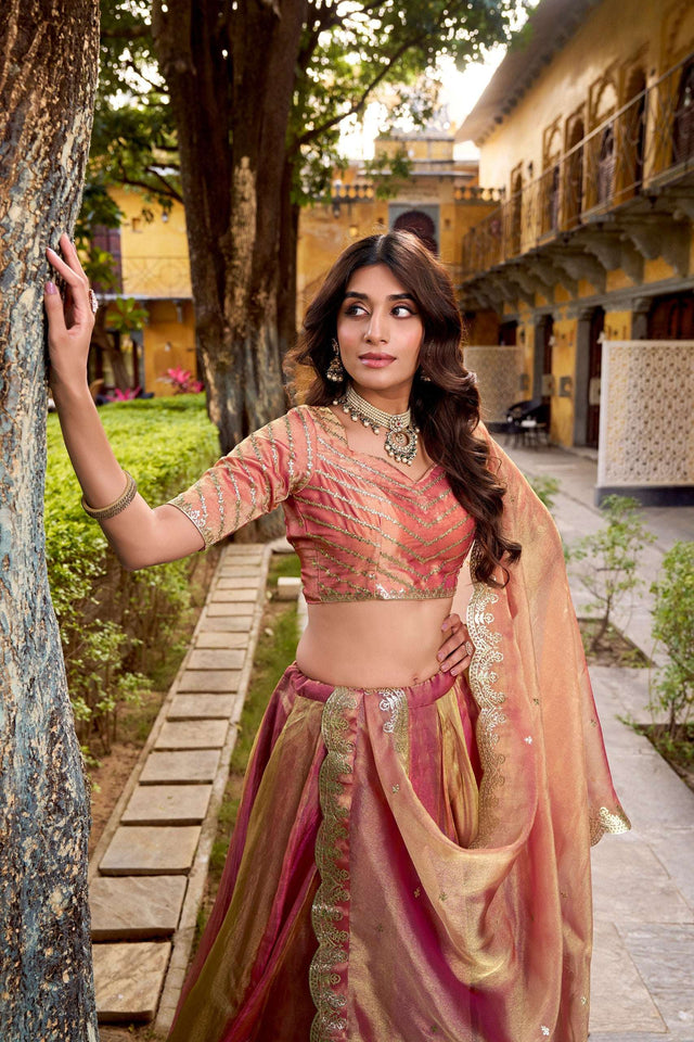 Sleeve blouse and embroidered lehenga skirt with gold-trimmed dupatta, front view