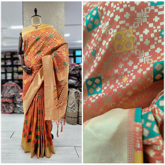 JMS_Studio Orange Patola Pattern Art Silk Woven Banarasi Saree