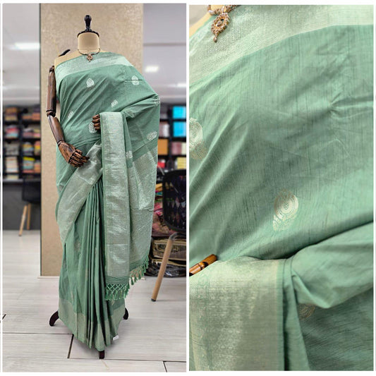 JMS_Studio Cotton Linen Blend Sage Green Soft Woven Saree - JMS Studio