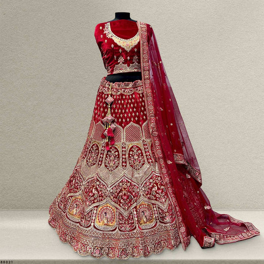 Pagfera : Royal Red Velvet 9000 Bridal Lehenga