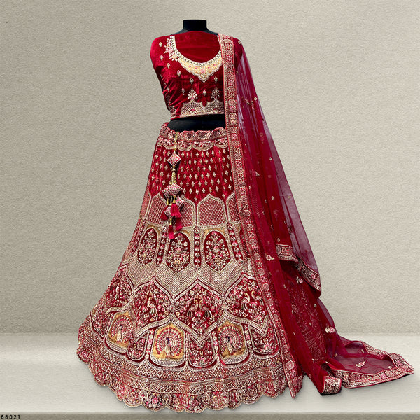 Pagfera : Royal Red Velvet 9000 Bridal Lehenga