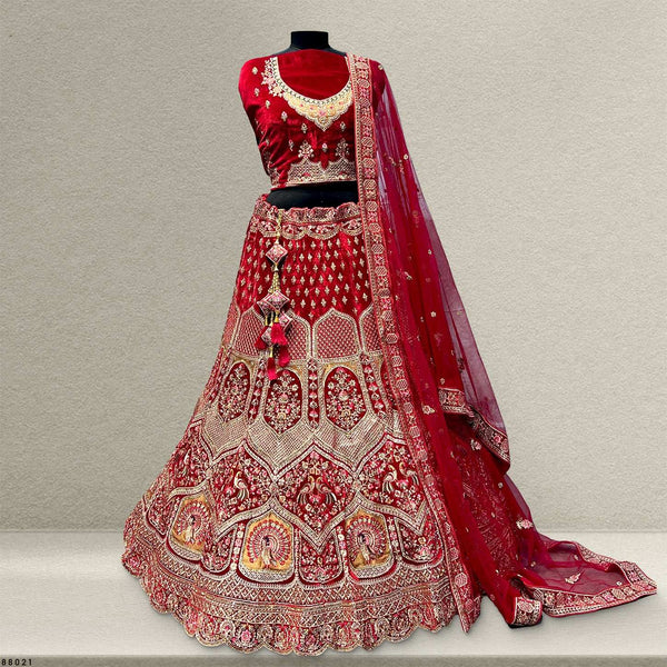 Pagfera : Royal Red Velvet 9000 Bridal Lehenga
