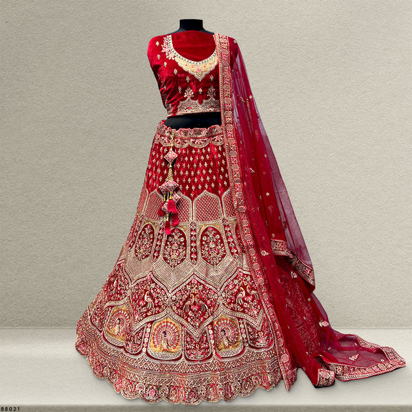 Pagfera : Royal Red Velvet 9000 Bridal Lehenga