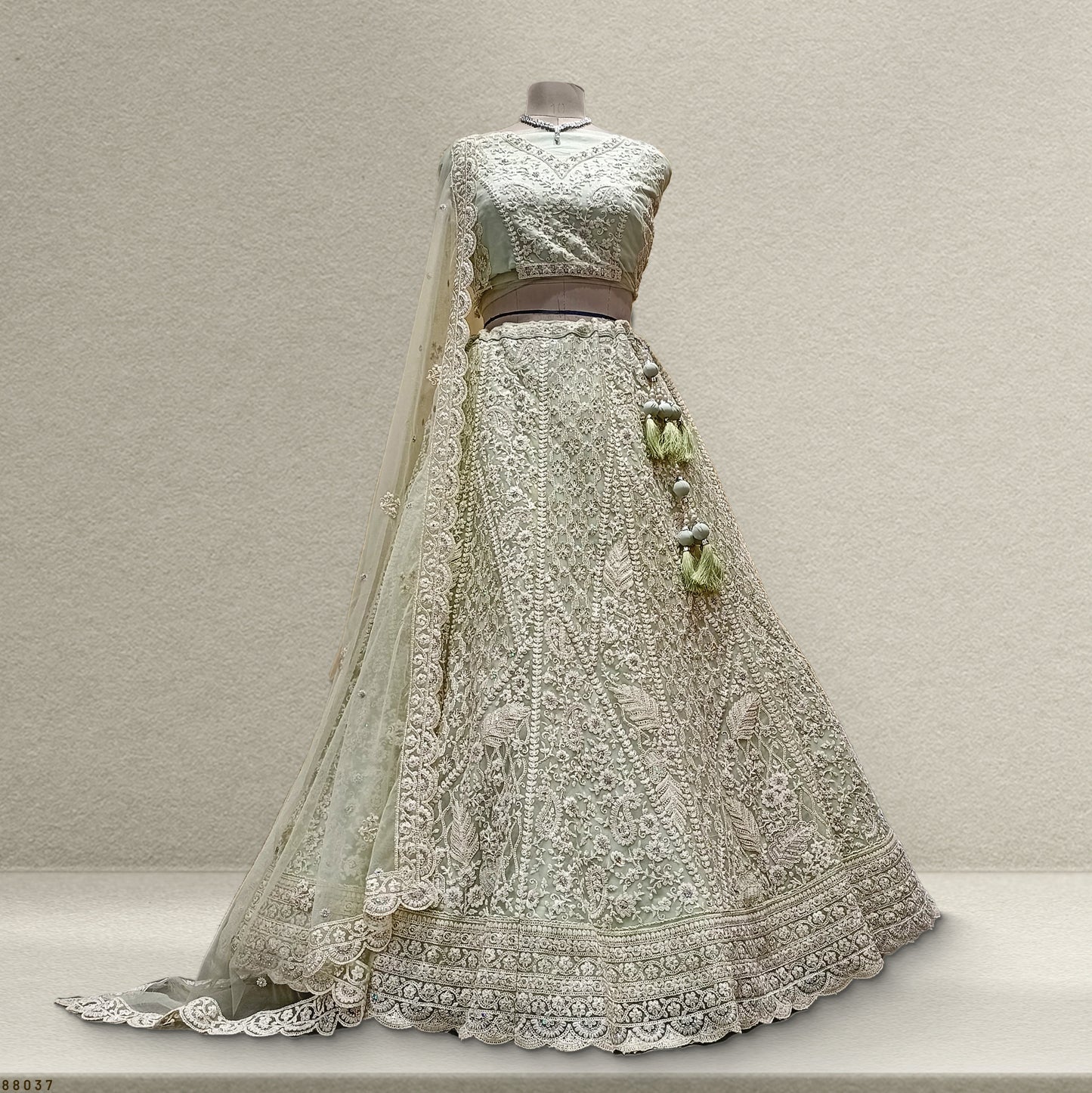 Jazzagals - Monotone Luckhnawi work Partywear Pistachio Net Lehenga