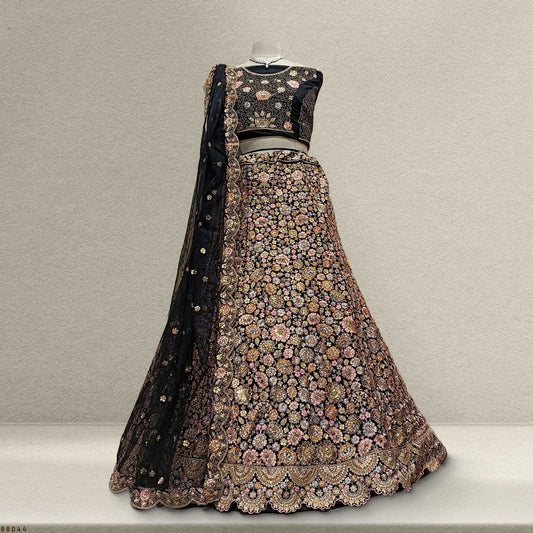 Cherry Blossom - Multi Color Sequins Black Partywear Lehenga