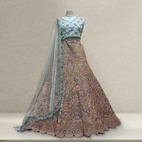 Cherry Blossom - Multi Color Sequins Aqua Blue Partywear Lehenga JMS Studio {{ Royal Red Bridal Lehenga}}