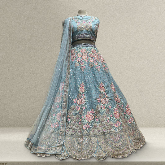 Cherry Blossom -  The Modern Sky Blue Lehenga for Reception Engagement