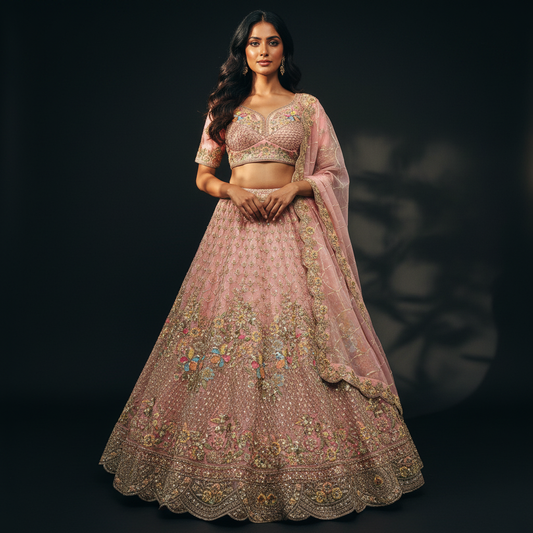 Cherry Blossom - Tissue Silk Modern Engagement & Reception Lehenga Design