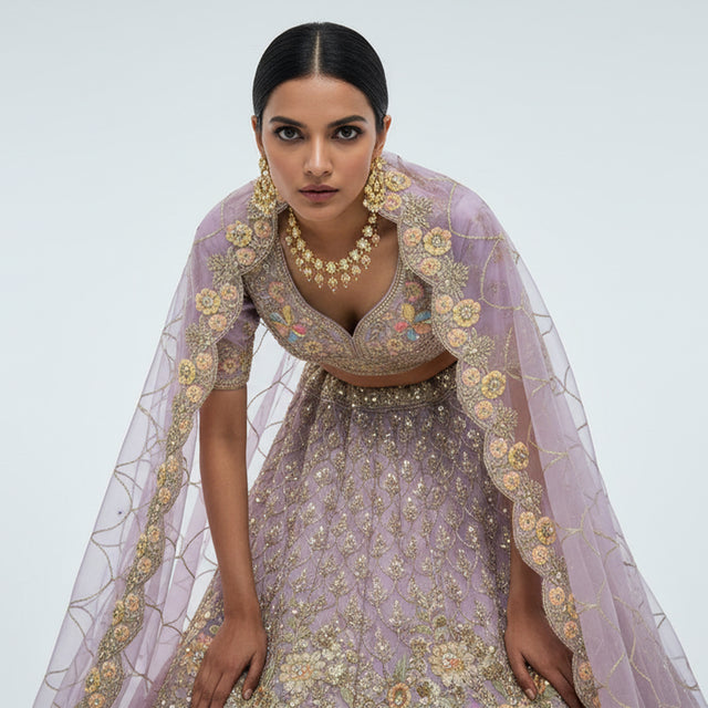 Embroidered lilac lehenga set with gold floral neckline, short sleeves and sheer dupatta